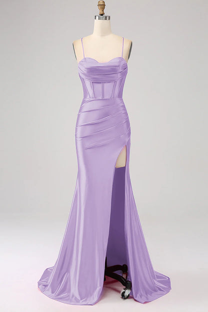 Amazing mermaid thin shoulder strap navy blue tight corset with front slit prom dress