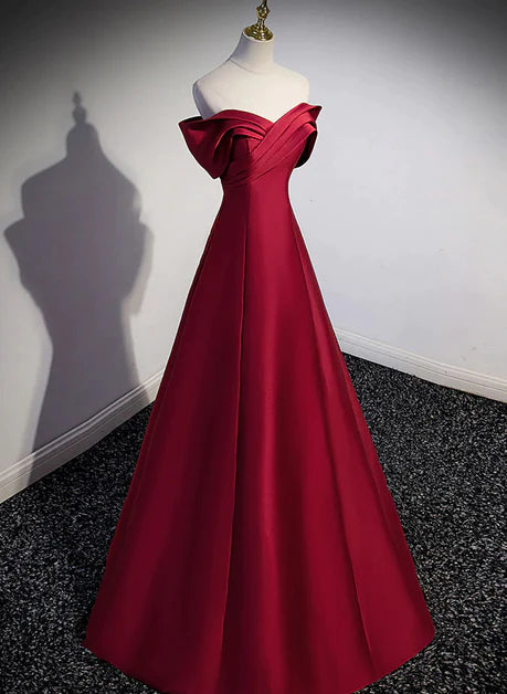 Elegant wine red satin strapless backless long party dress, A-line wine red satin and ground evening dress