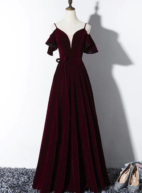 Elegant velvet princess bow short sleeved backless long dress, wine red V-neck and floor length evening dress