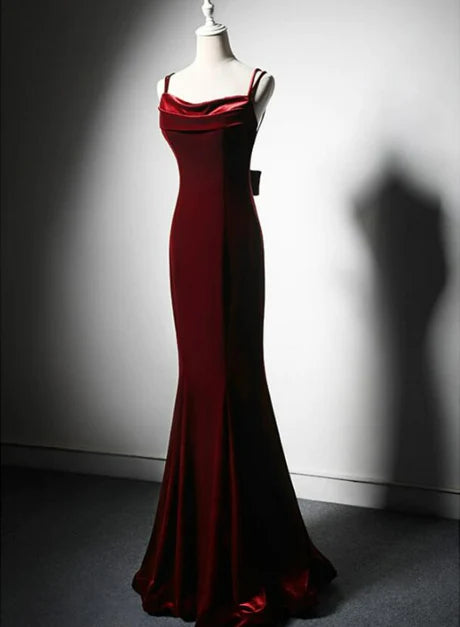 Beautiful wine red velvet mermaid wedding party dress, wine red bow shoulder strap backless and floor length evening dress