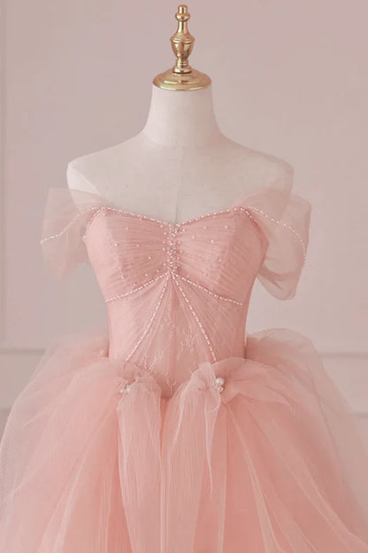 Light Pink Tulle Off Shoulder Lace and Beaded Prom Dress, Pink Formal Dress