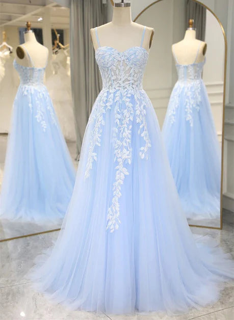 Sweet light blue sheer A-line shoulder strap dance dress with lace party dress, light blue off shoulder and floor length style  evening dress