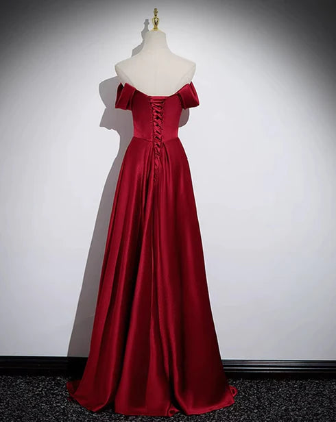 Elegant wine red satin shoulder length party dress with wine red A-line satin back strap and floor length evening dress