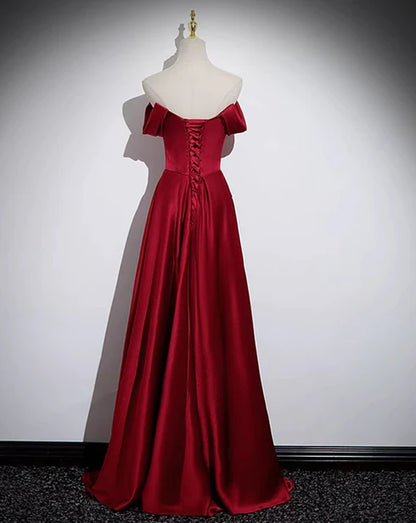 Elegant wine red satin shoulder length party dress with wine red A-line satin back strap and floor length evening dress