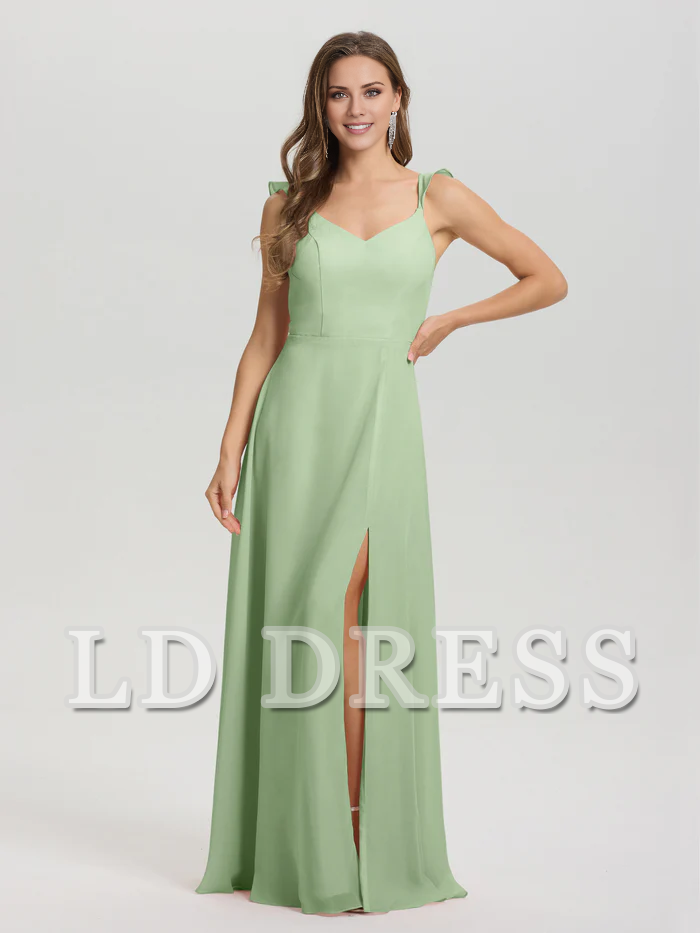 V-neck harness tie and chiffon slit bridesmaid dress