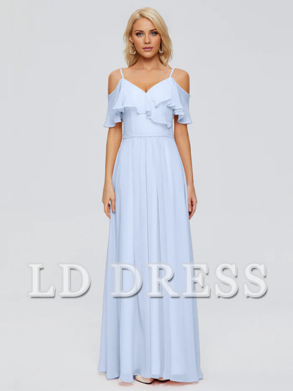 Off shoulder thin shoulder strap ruffled chiffon bridesmaid dress