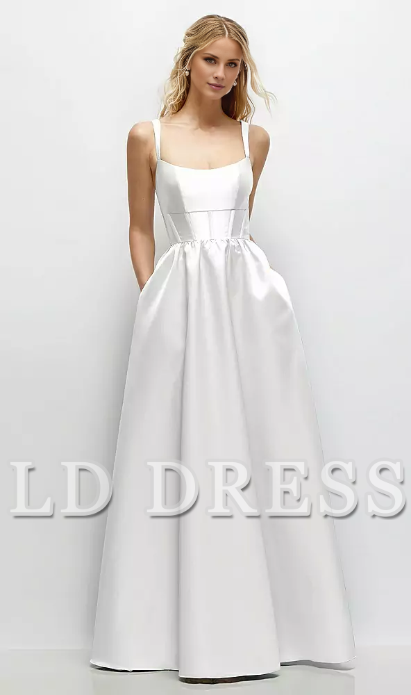Low round neck studded tight corset satin and floor length bridesmaid dress - LD Dress