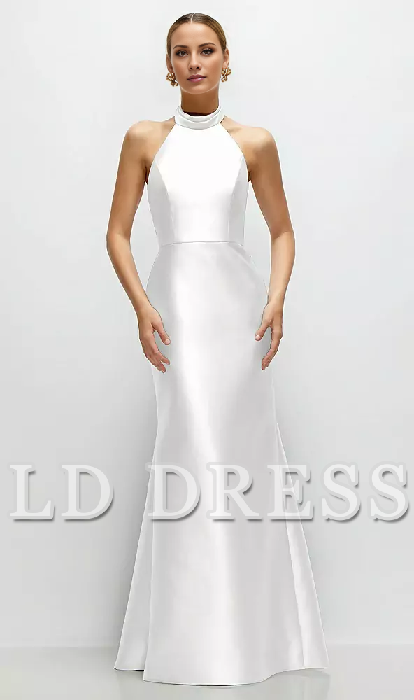 High neck spaghetti strap satin and floor length bridesmaid dress - LD Dress