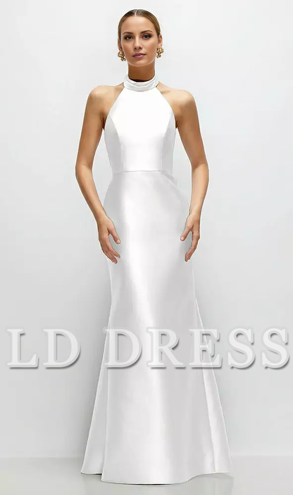 High neck spaghetti strap satin and floor length bridesmaid dress - LD Dress
