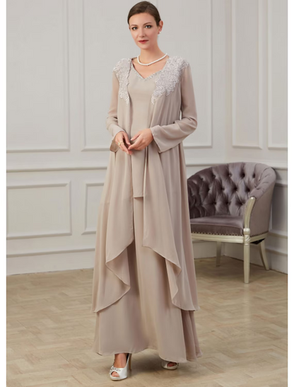 A-Line Mother of the Bride Dress Elegant Floor Length Chiffon Long Sleeve Jacket Dresses with Appliques