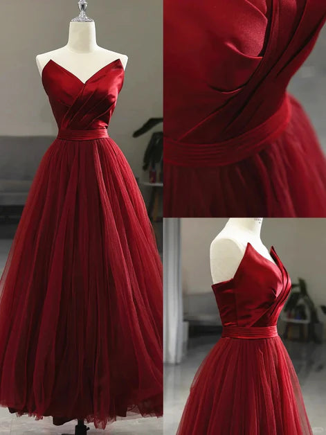 Elegant and noble wine red tea long off the shoulder sleeveless sheer dance dress wine red V-neck sheer strapless backless tie evening dress