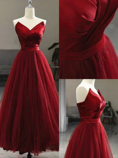 Elegant and noble wine red tea long off the shoulder sleeveless sheer dance dress wine red V-neck sheer strapless backless tie evening dress
