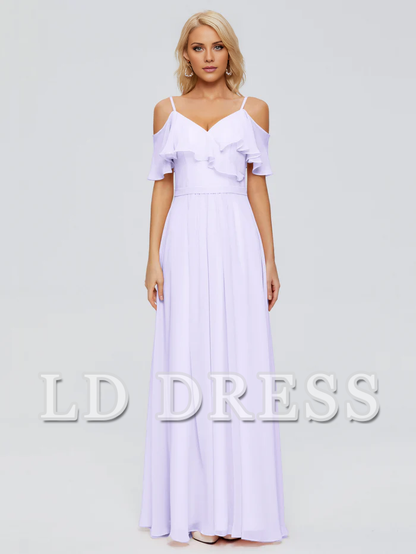 Off shoulder thin shoulder strap ruffled chiffon bridesmaid dress