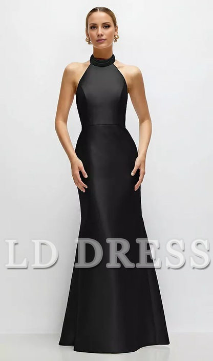 High neck spaghetti strap satin and floor length bridesmaid dress - LD Dress