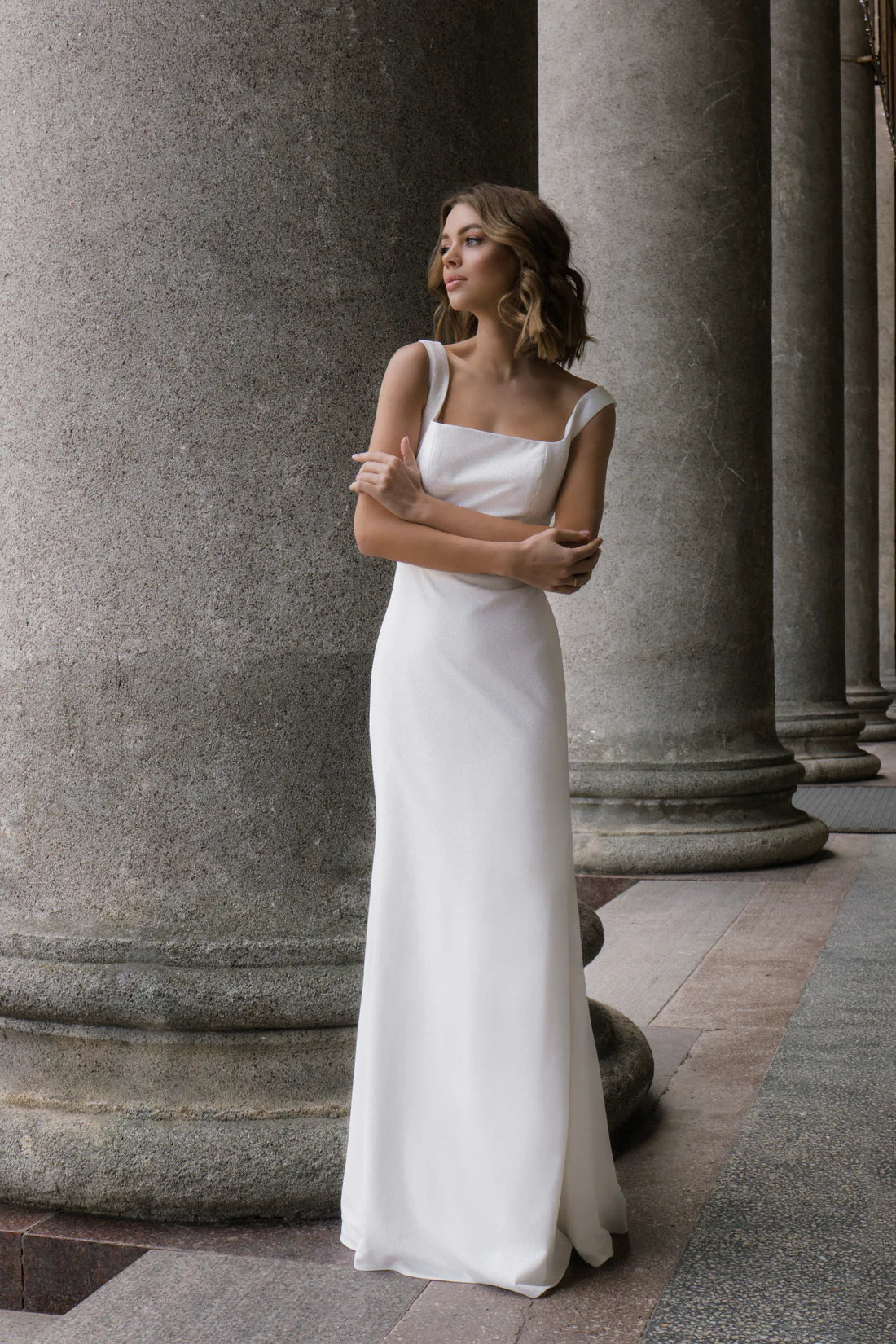 Simple Satin Sheath Square Neck Cap Sleeves Closed Back Floor-Length Wedding Dresses
