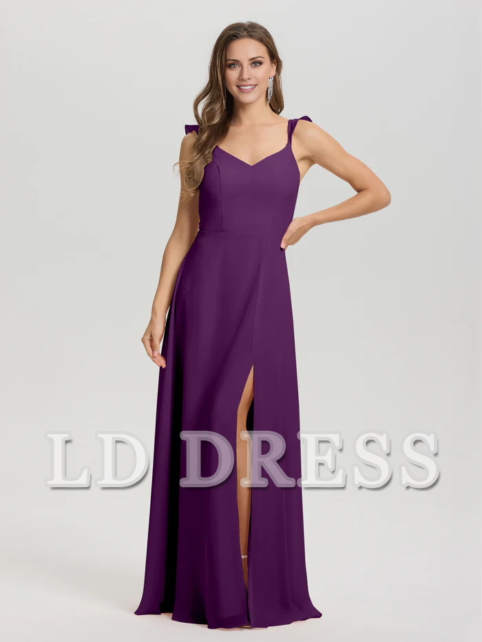 V-neck harness tie and chiffon slit bridesmaid dress