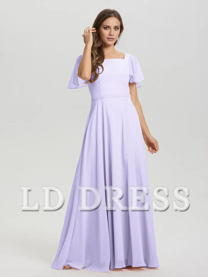 A-line square collar ruffled short sleeved and ground chiffon bridesmaid dress