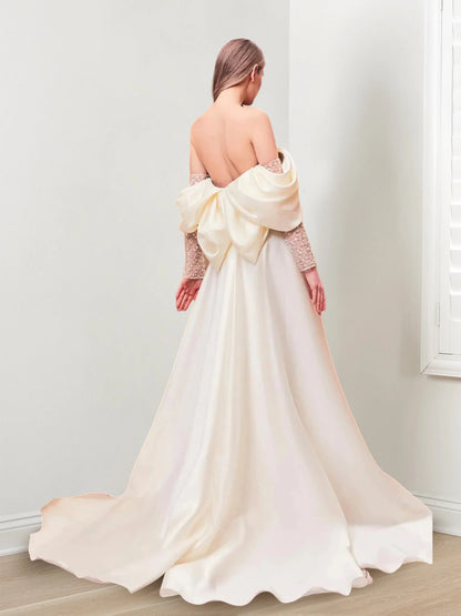 Tight fit/column off shoulder long sleeved and floor length evening dress
