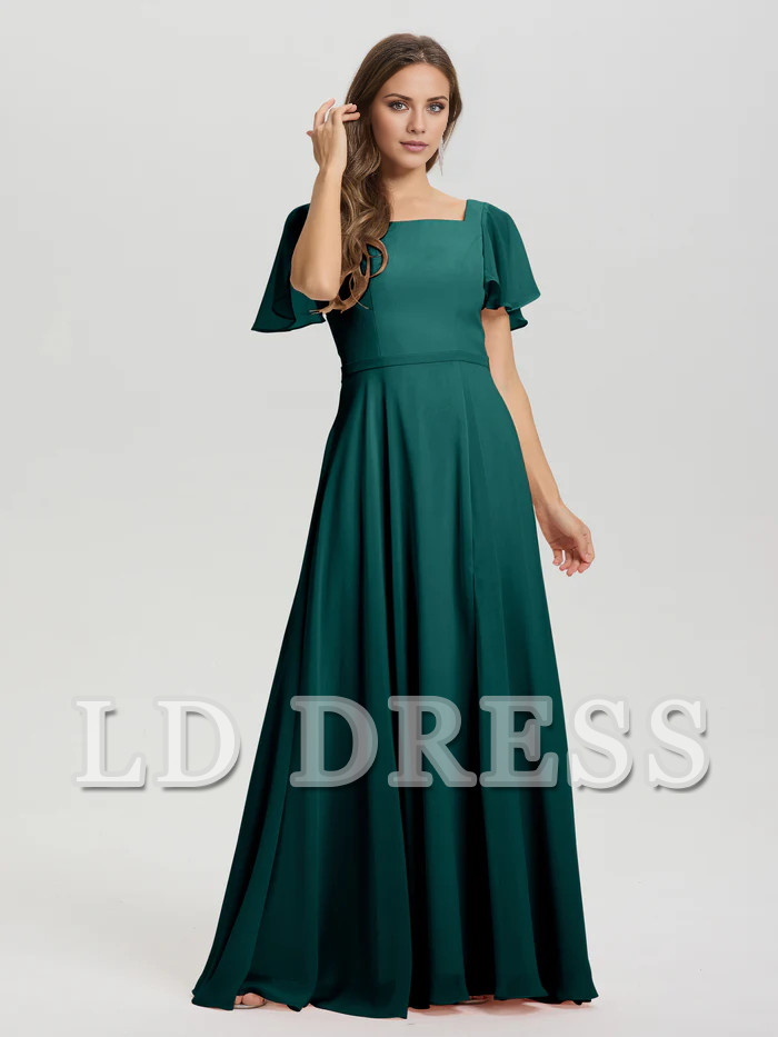 A-line square collar ruffled short sleeved and ground chiffon bridesmaid dress