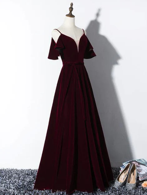 Elegant velvet princess bow short sleeved backless long dress, wine red V-neck and floor length evening dress