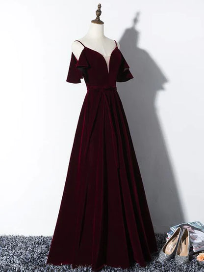 Elegant velvet princess bow short sleeved backless long dress, wine red V-neck and floor length evening dress