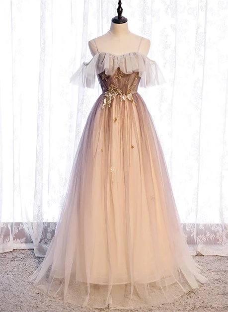 Beautiful gradient sheer and shoulder strap sweet party dress, A-line sheer backless/long evening dress