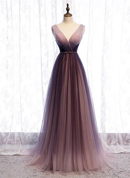 Unique/beautiful purple gradient V-neck sheer long ball dress, purple gradient sleeveless backless long evening dress
