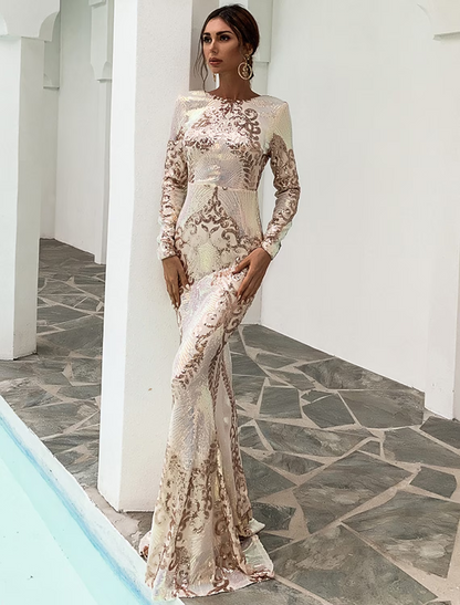 Evening Gown Sexy Dress Formal Long Sleeve Polyester Backless with Sequin