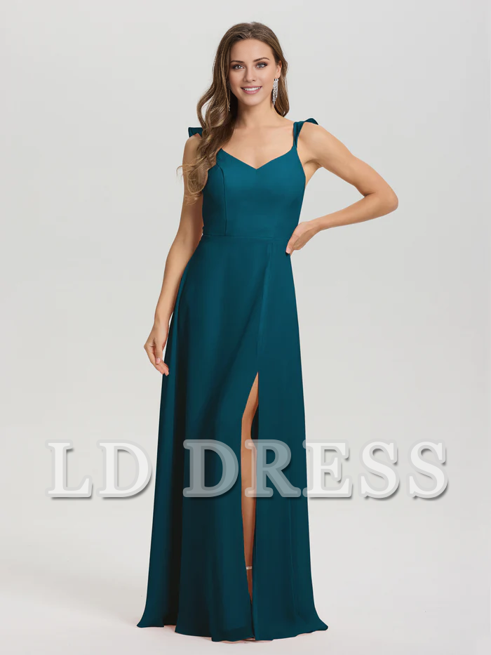 V-neck harness tie and chiffon slit bridesmaid dress