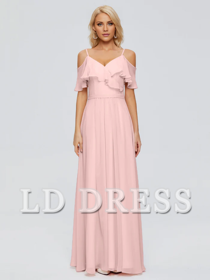 Off shoulder thin shoulder strap ruffled chiffon bridesmaid dress