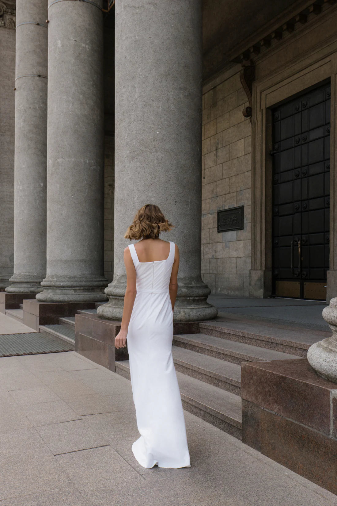 Simple Satin Sheath Square Neck Cap Sleeves Closed Back Floor-Length Wedding Dresses
