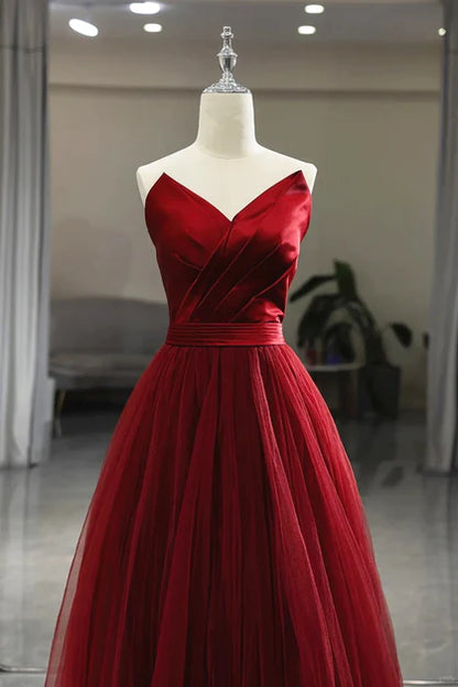 Elegant and noble wine red tea long off the shoulder sleeveless sheer dance dress wine red V-neck sheer strapless backless tie evening dress