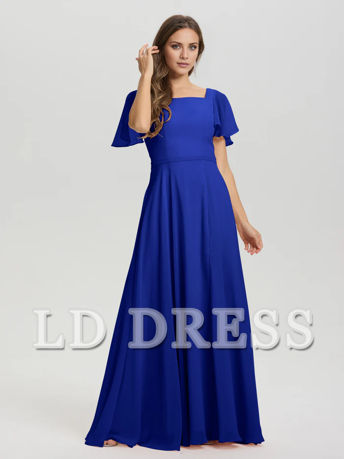 A-line square collar ruffled short sleeved and ground chiffon bridesmaid dress