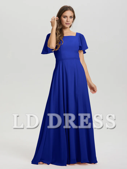 A-line square collar ruffled short sleeved and ground chiffon bridesmaid dress