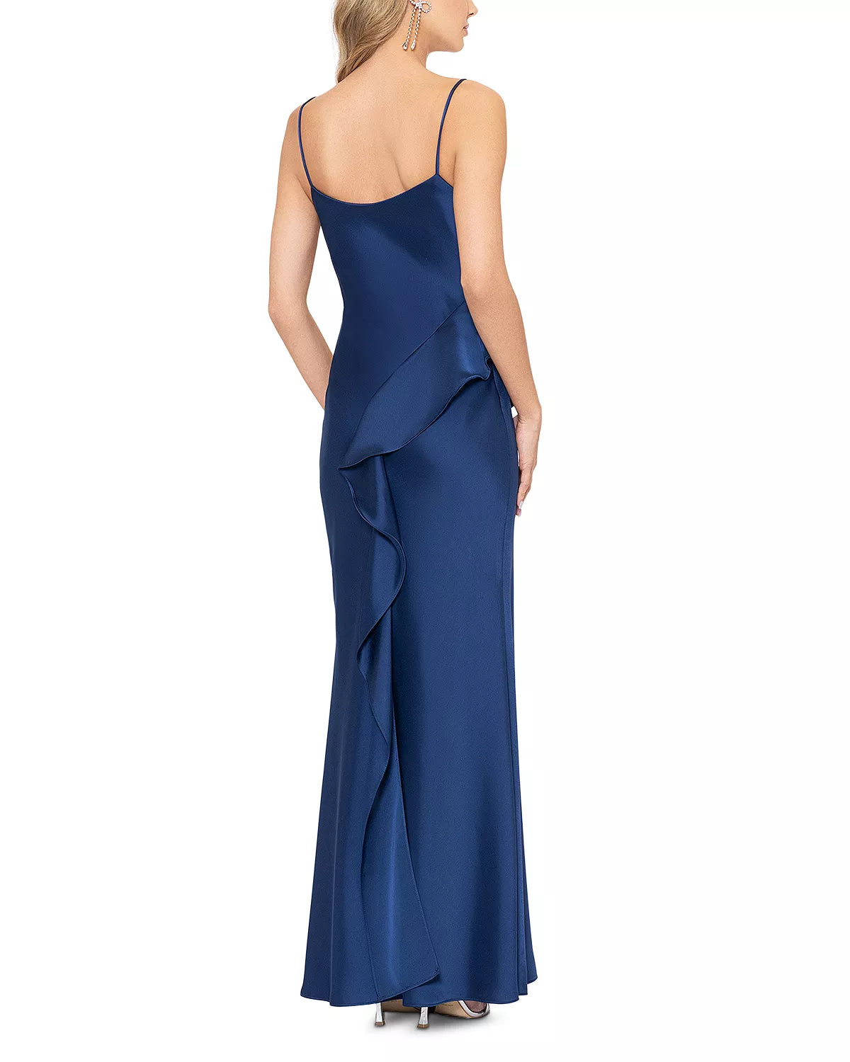 Thin shoulder strap off the shoulder draped with ruffled edges and ground length prom dress
