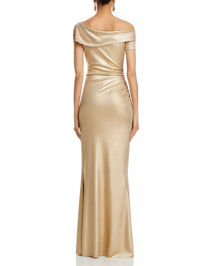 Asymmetric shoulder strap satin off shoulder and floor length pleated prom dress
