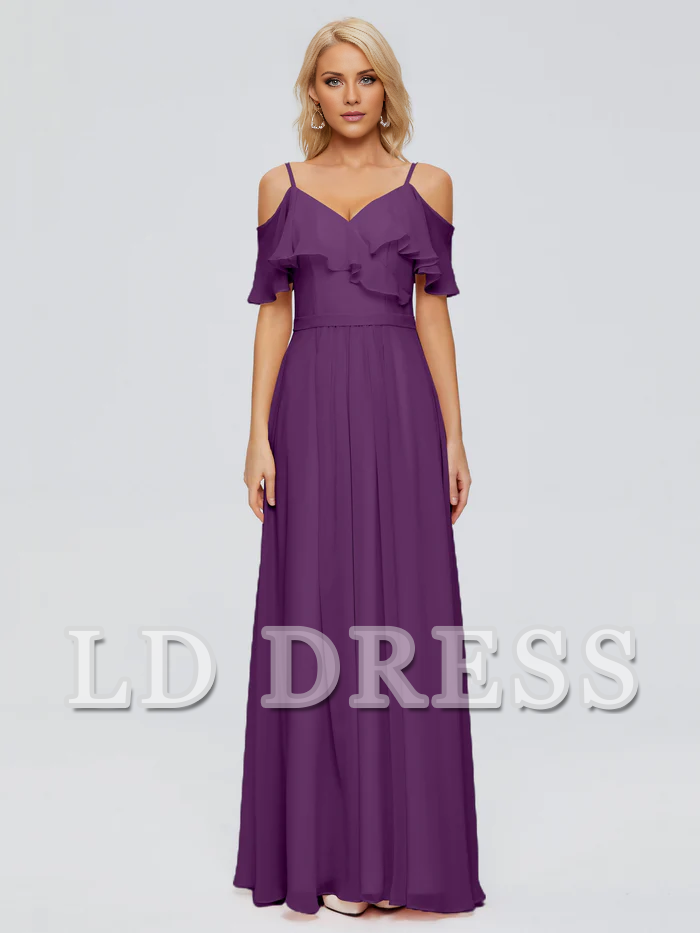 Off shoulder thin shoulder strap ruffled chiffon bridesmaid dress