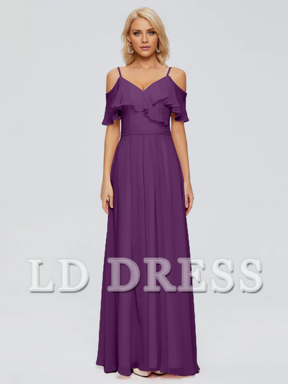 Off shoulder thin shoulder strap ruffled chiffon bridesmaid dress