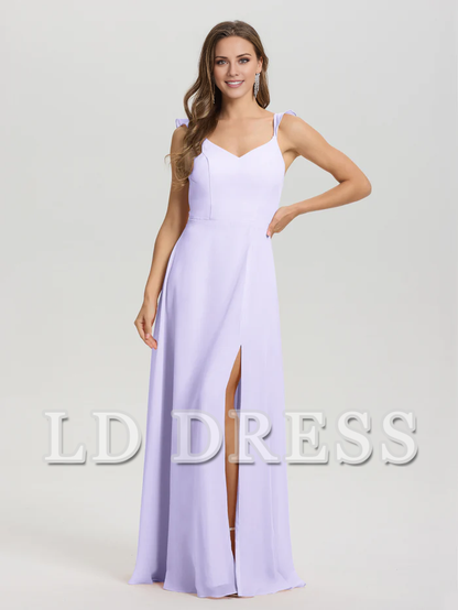 V-neck harness tie and chiffon slit bridesmaid dress