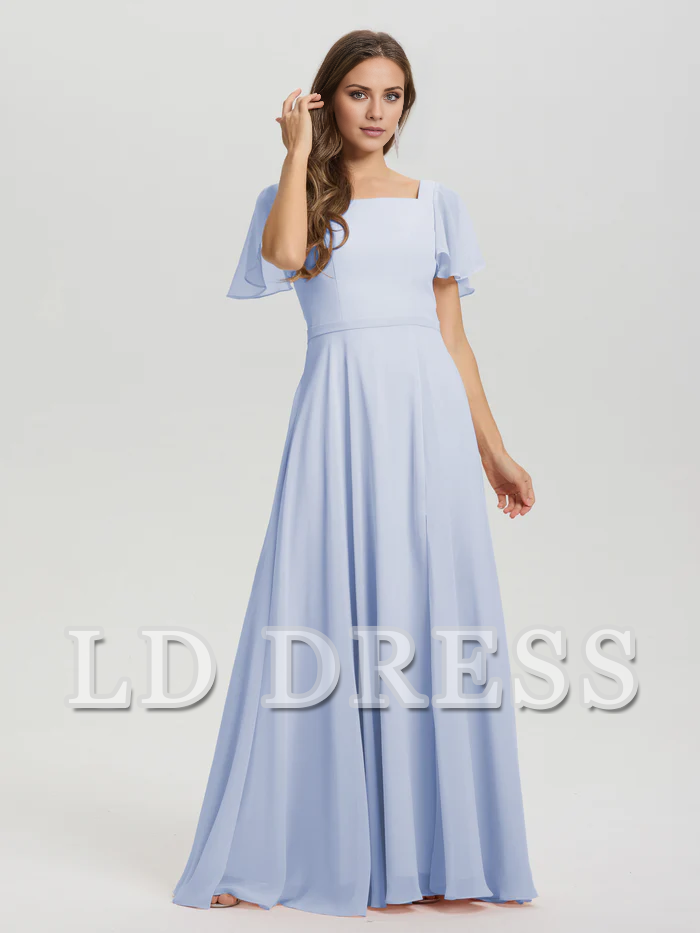 A-line square collar ruffled short sleeved and ground chiffon bridesmaid dress