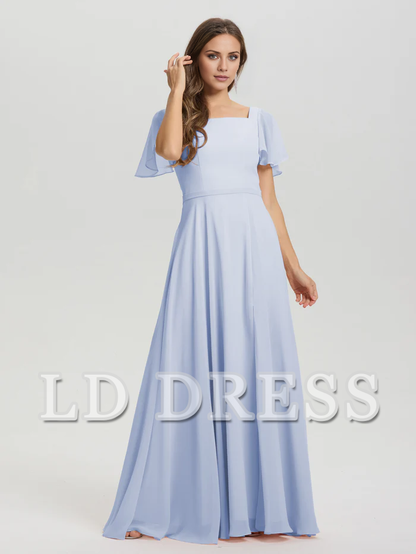 A-line square collar ruffled short sleeved and ground chiffon bridesmaid dress