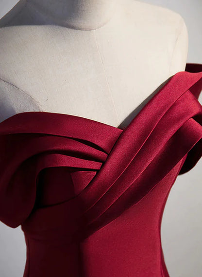 Elegant wine red satin strapless backless long party dress, A-line wine red satin and ground evening dress