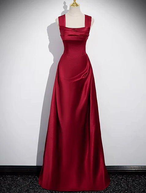 Elegant wine red satin shoulder length party dress with wine red A-line satin back strap and floor length evening dress