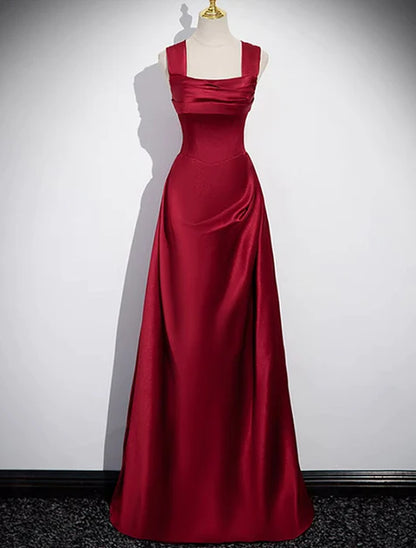 Elegant wine red satin shoulder length party dress with wine red A-line satin back strap and floor length evening dress