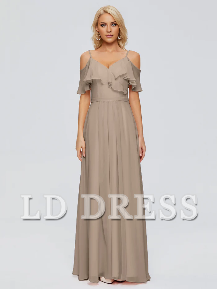 Off shoulder thin shoulder strap ruffled chiffon bridesmaid dress