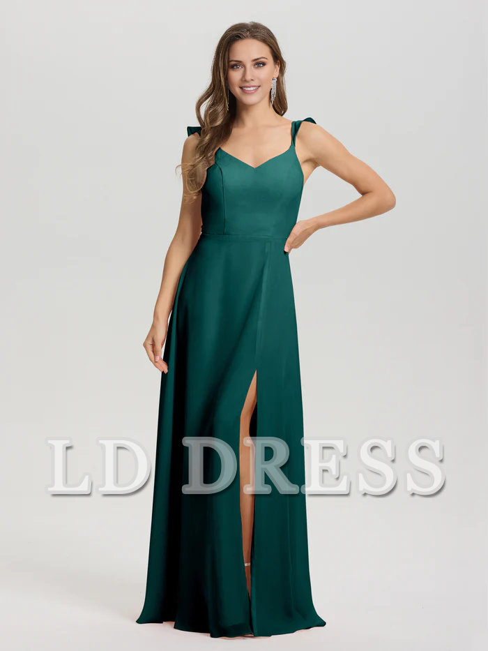 V-neck harness tie and chiffon slit bridesmaid dress
