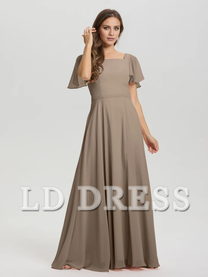 A-line square collar ruffled short sleeved and ground chiffon bridesmaid dress