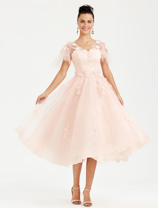 A-Line Prom Dresses Elegant Dress Wedding Guest  Short Sleeve V Neck Tulle with Appliques