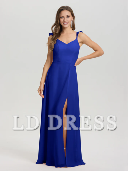V-neck harness tie and chiffon slit bridesmaid dress