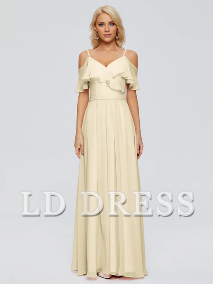 Off shoulder thin shoulder strap ruffled chiffon bridesmaid dress
